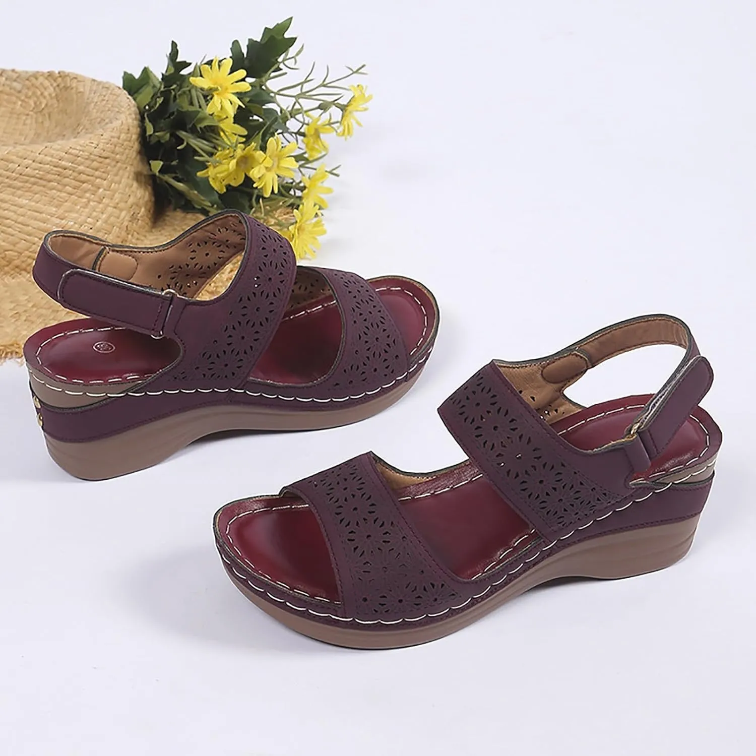 Orthopedic Sandals for Women Wide Width Comfortable Open Toe Crisscross Straps Slip on Wedge Sandals Walking Plantar Fasciitis Slides Beach Shoes