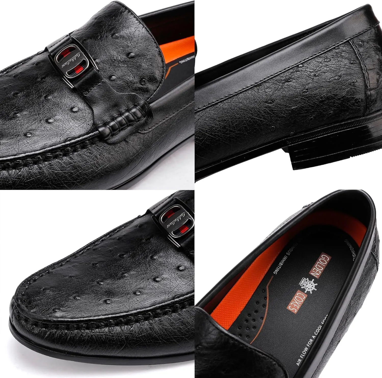 Ostrich Shoes Formal Men's Genuine Leather Dress Loafer Luxury Ostrich Printed with Buckle Business Dress Shoe Wedding Penny Loafer for Men, Black