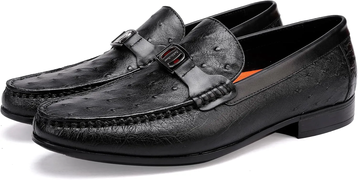 Ostrich Shoes Formal Men's Genuine Leather Dress Loafer Luxury Ostrich Printed with Buckle Business Dress Shoe Wedding Penny Loafer for Men, Black
