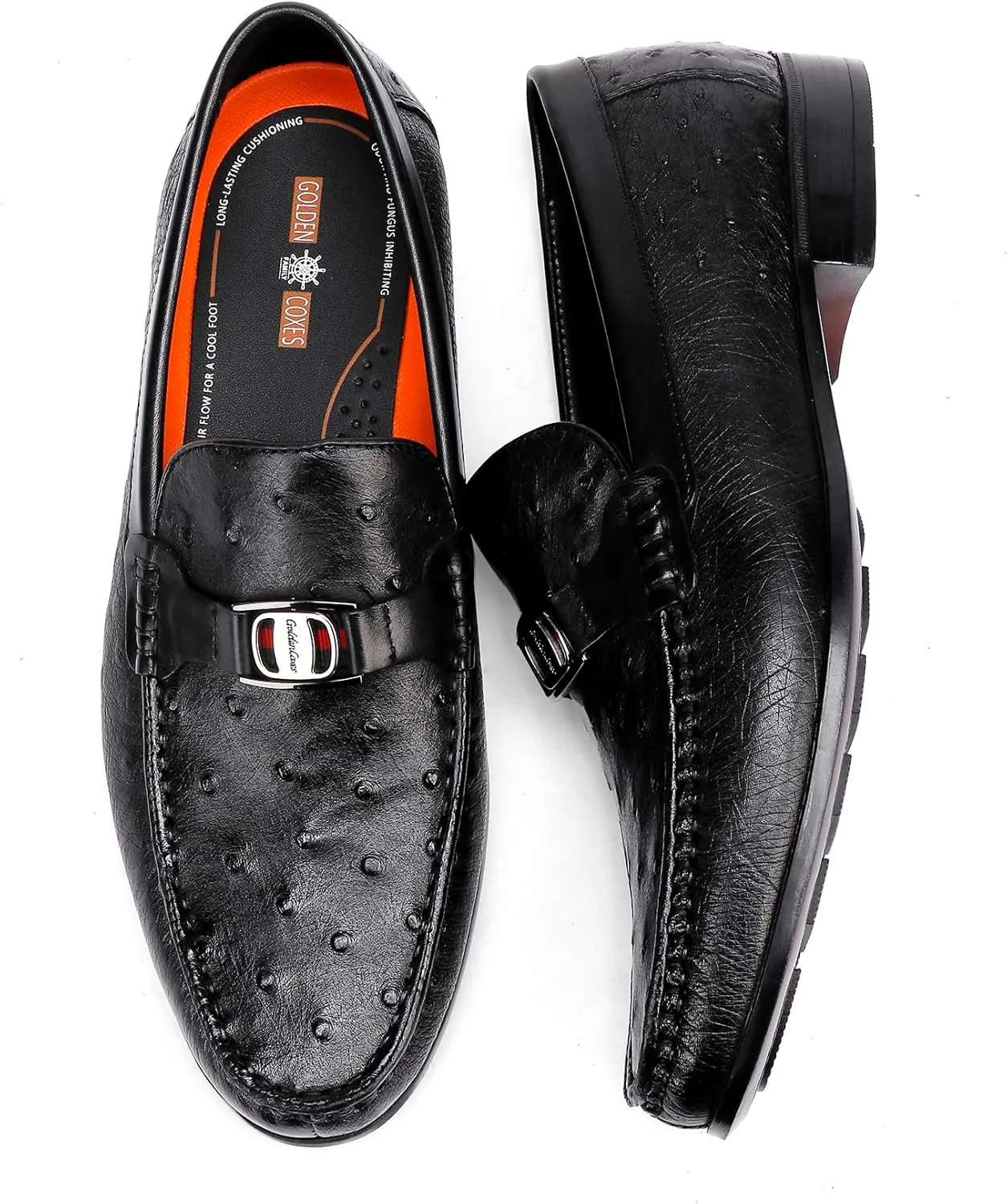 Ostrich Shoes Formal Men's Genuine Leather Dress Loafer Luxury Ostrich Printed with Buckle Business Dress Shoe Wedding Penny Loafer for Men, Black
