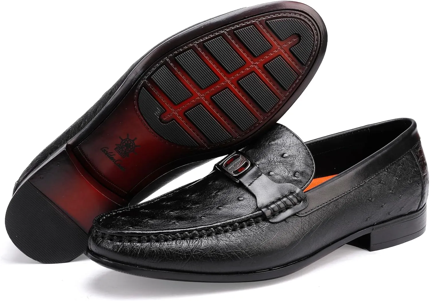 Ostrich Shoes Formal Men's Genuine Leather Dress Loafer Luxury Ostrich Printed with Buckle Business Dress Shoe Wedding Penny Loafer for Men, Black