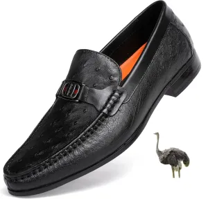 Ostrich Shoes Formal Men's Genuine Leather Dress Loafer Luxury Ostrich Printed with Buckle Business Dress Shoe Wedding Penny Loafer for Men, Black