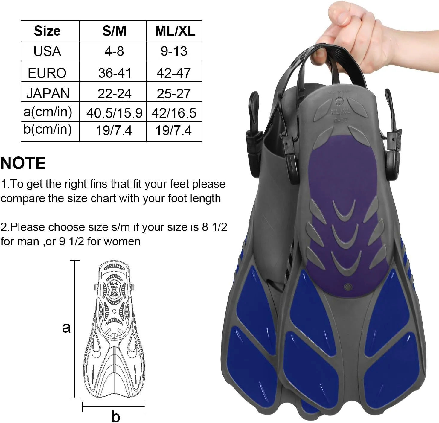 Oumers Snorkel Fins, Travel Size Adjustable Strap Diving Flippers with Mesh Bag and Extra Buckle Connector for Men Women Snorkeling Diving Swimming