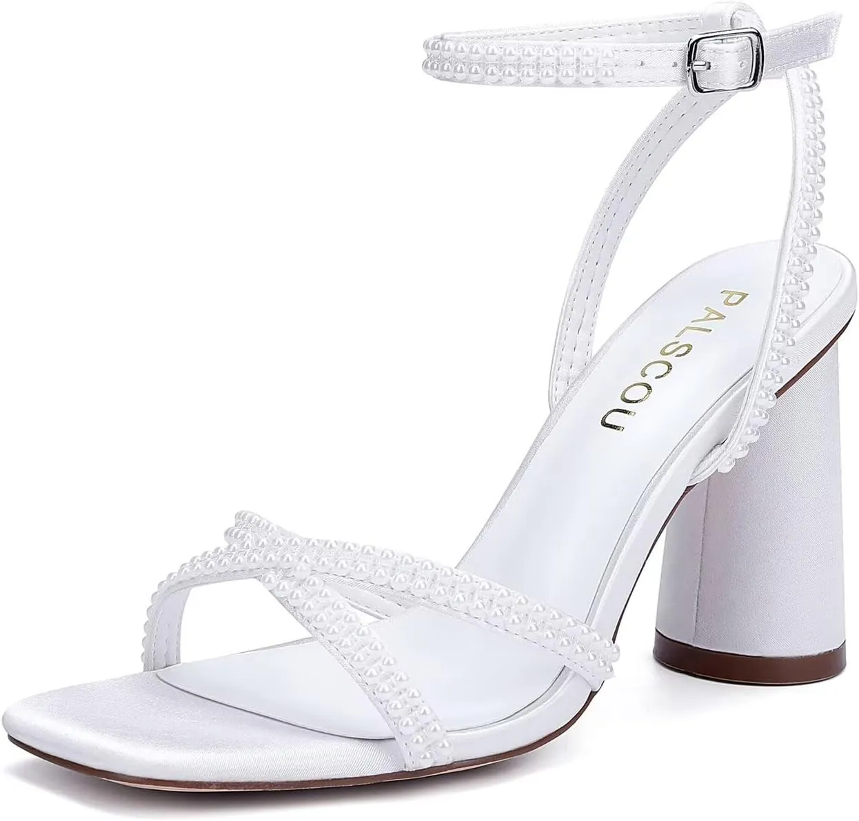 Pearl Heels Strappy Bridal Shoes Block Heel Wedding Sandals Open Toe Wedding Shoes for Bride