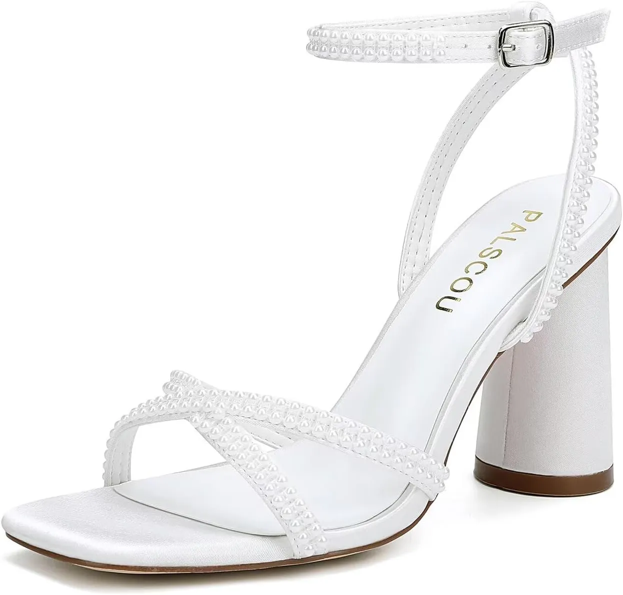 Pearl Heels Strappy Bridal Shoes Block Heel Wedding Sandals Open Toe Wedding Shoes for Bride