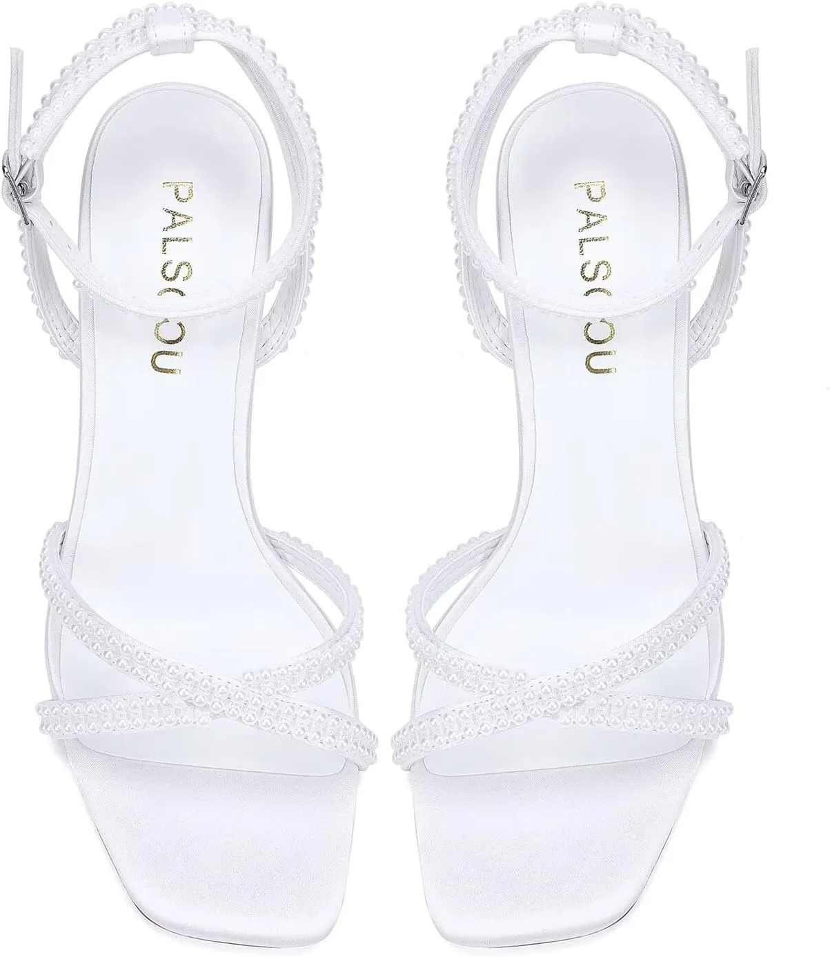 Pearl Heels Strappy Bridal Shoes Block Heel Wedding Sandals Open Toe Wedding Shoes for Bride