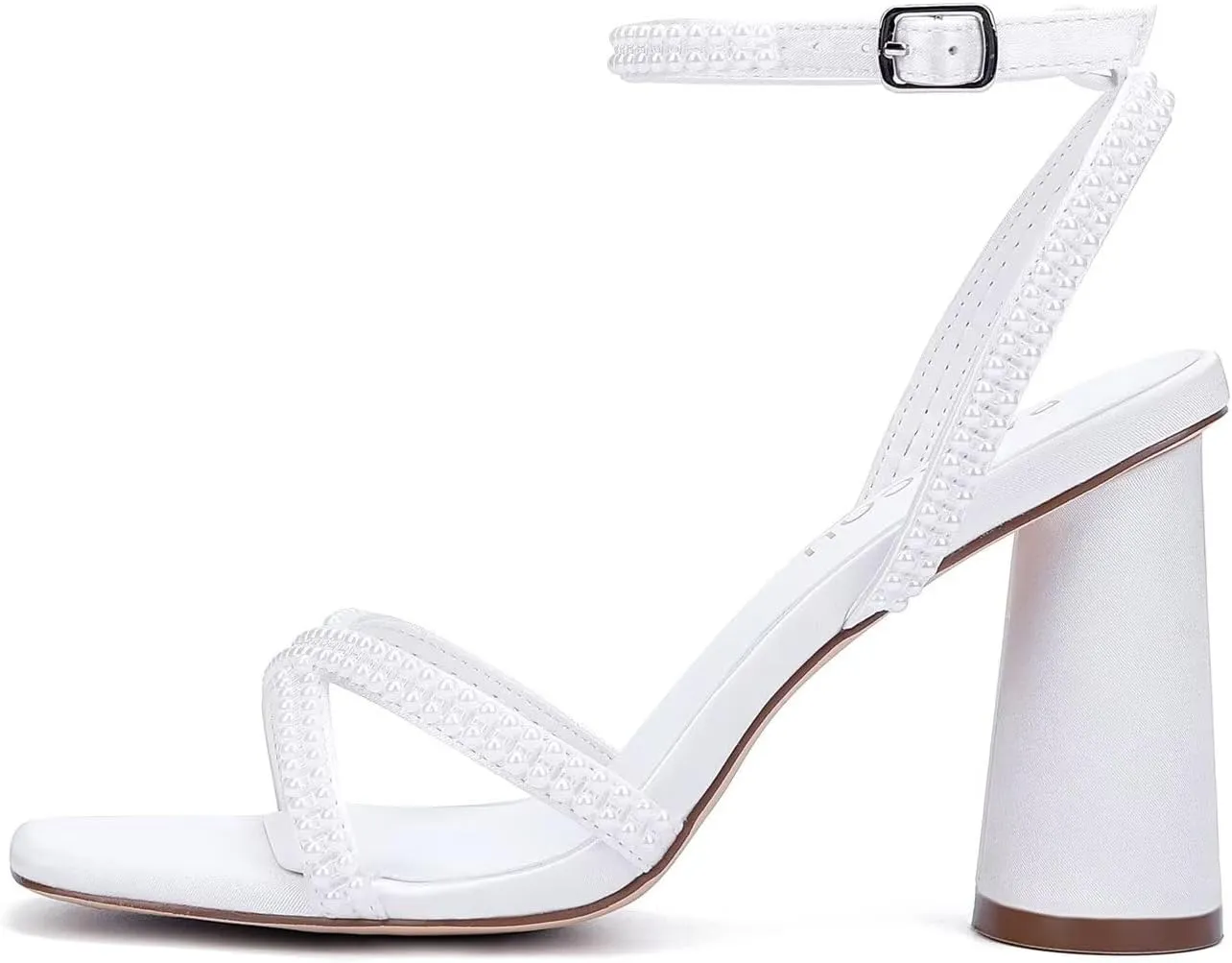 Pearl Heels Strappy Bridal Shoes Block Heel Wedding Sandals Open Toe Wedding Shoes for Bride