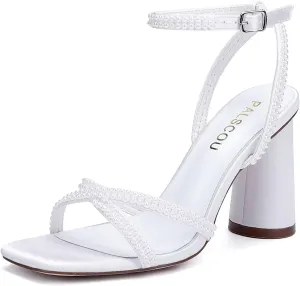 Pearl Heels Strappy Bridal Shoes Block Heel Wedding Sandals Open Toe Wedding Shoes for Bride