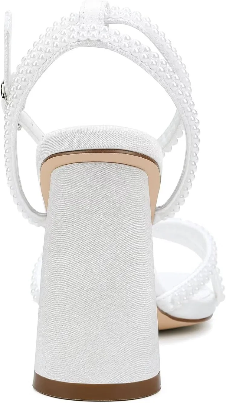 Pearl Heels Strappy Bridal Shoes Block Heel Wedding Sandals Open Toe Wedding Shoes for Bride