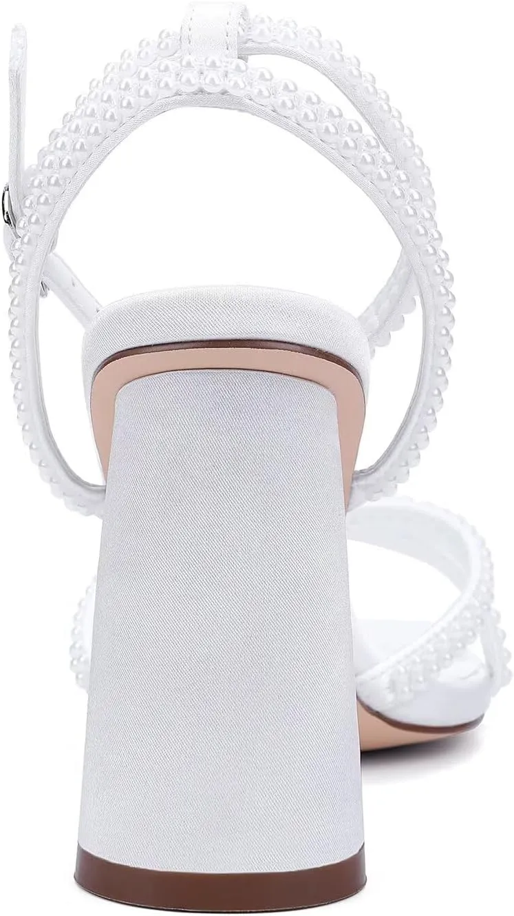 Pearl Heels Strappy Bridal Shoes Block Heel Wedding Sandals Open Toe Wedding Shoes for Bride