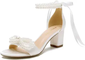 Pearl Heels Wedding Shoes - Block Heel Bridal Sandals with Open Toe and Bow