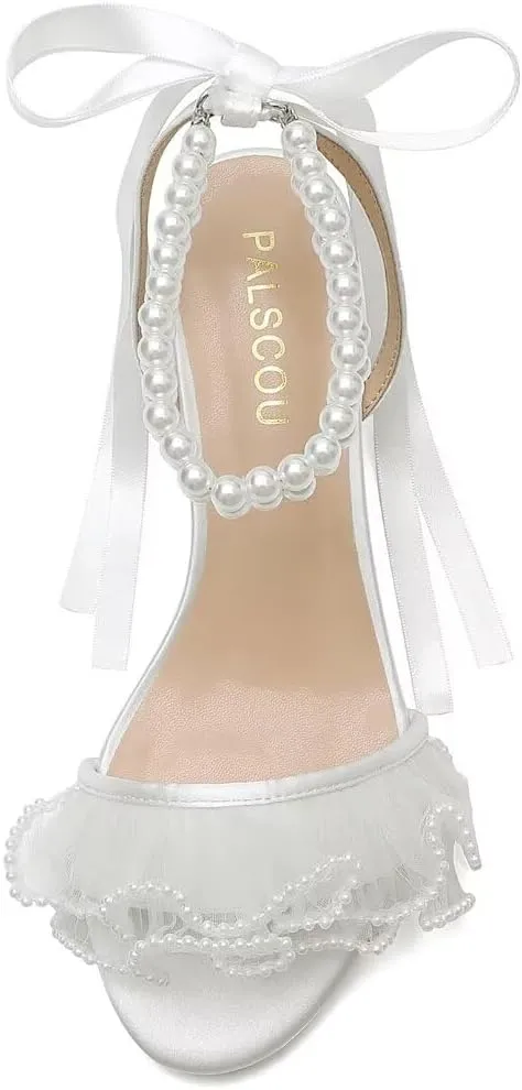 Pearl Heels Wedding Shoes for Bride Block Heel Wedding Sandals Open Toe Bridal Shoes