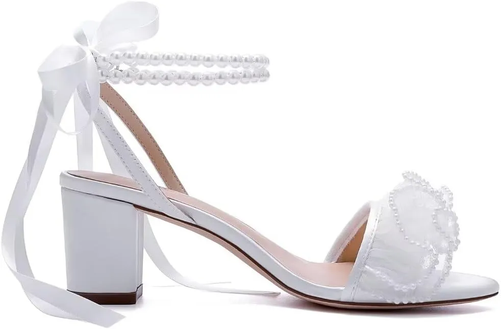 Pearl Heels Wedding Shoes for Bride Block Heel Wedding Sandals Open Toe Bridal Shoes