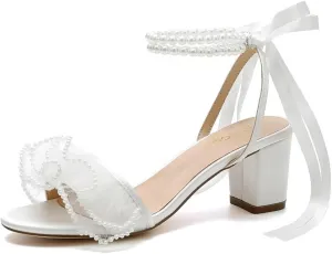 Pearl Heels Wedding Shoes for Bride Block Heel Wedding Sandals Open Toe Bridal Shoes