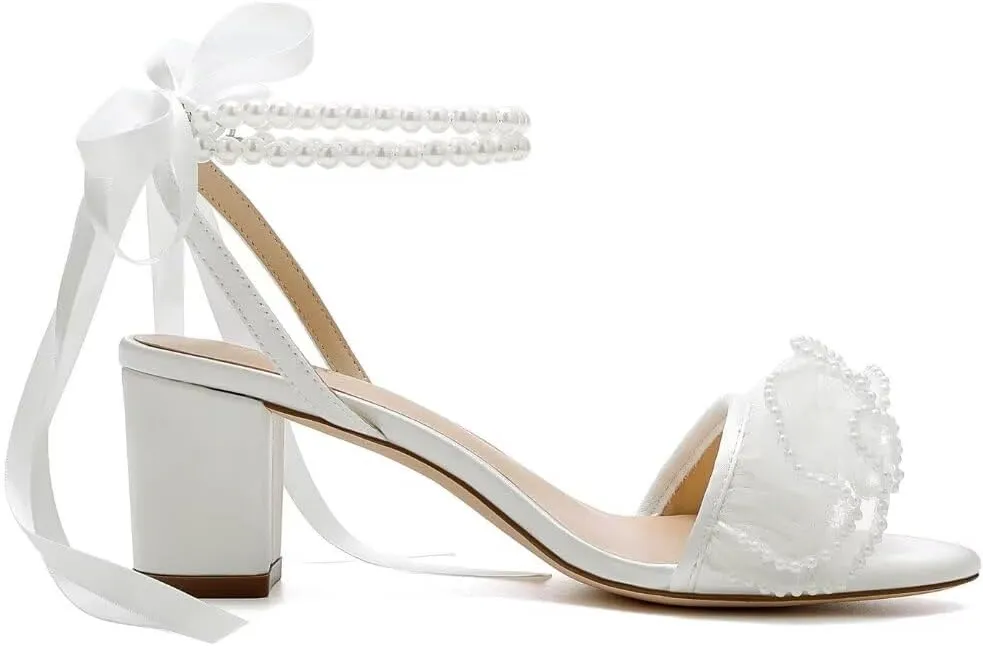 Pearl Heels Wedding Shoes for Bride Block Heel Wedding Sandals Open Toe Bridal Shoes