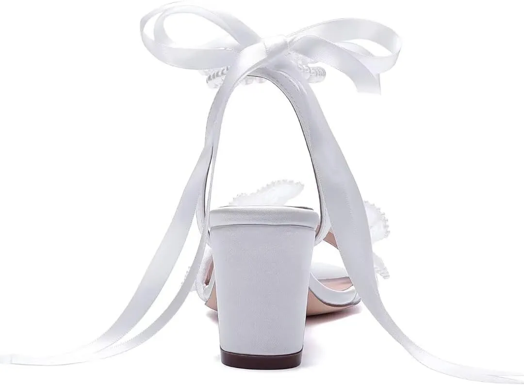 Pearl Heels Wedding Shoes for Bride Block Heel Wedding Sandals Open Toe Bridal Shoes