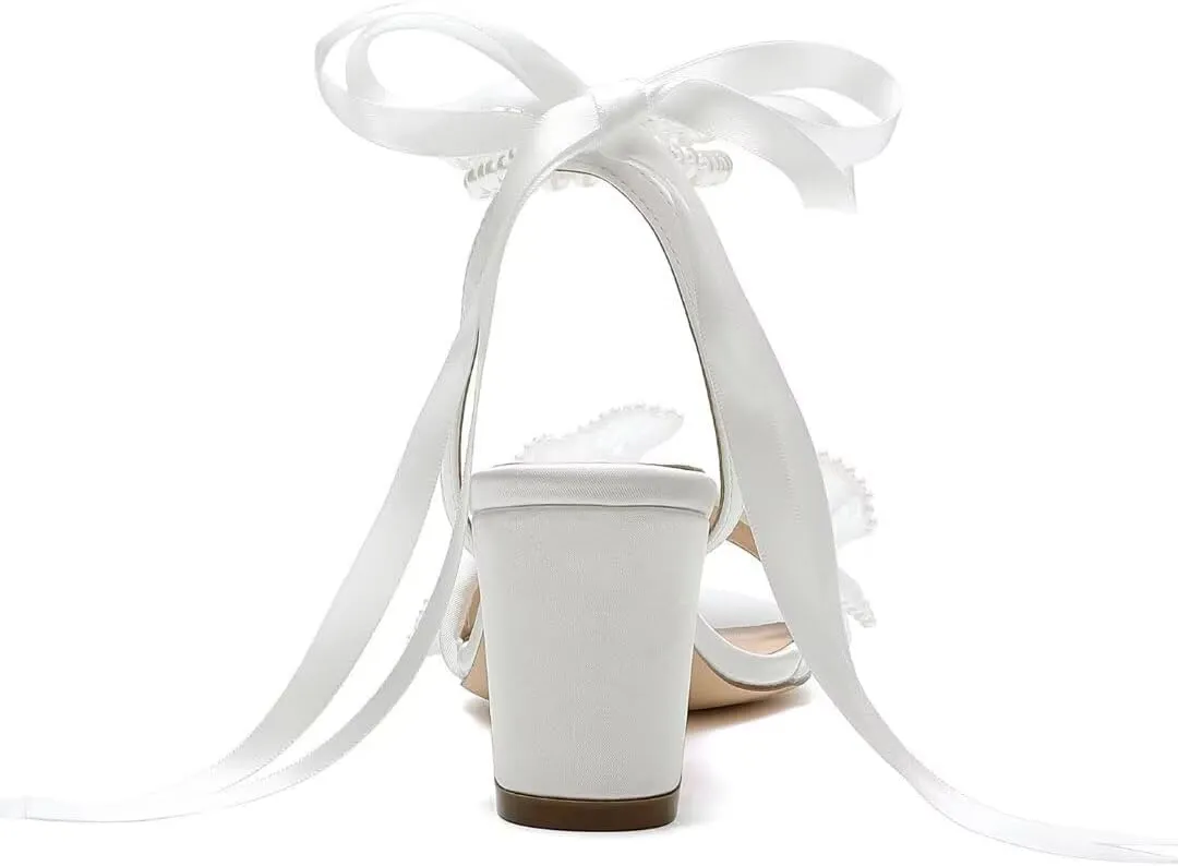 Pearl Heels Wedding Shoes for Bride Block Heel Wedding Sandals Open Toe Bridal Shoes