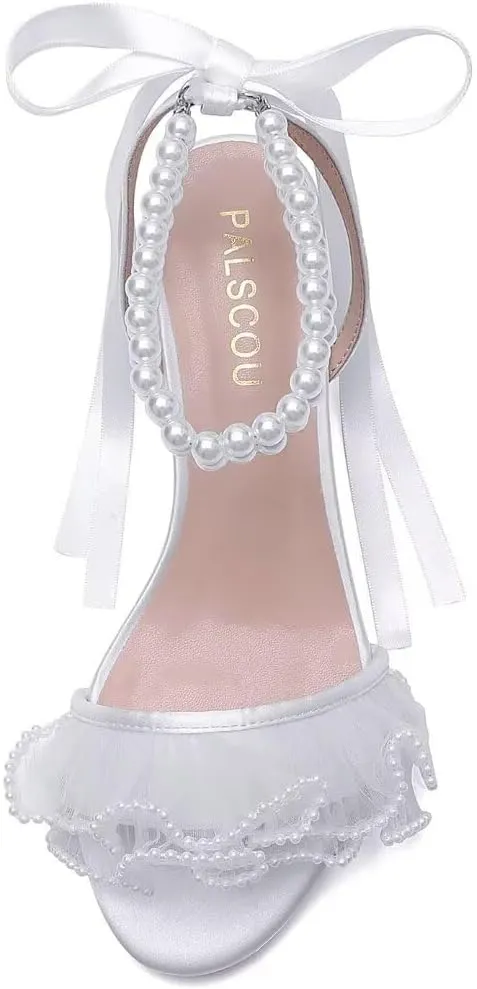 Pearl Heels Wedding Shoes for Bride Block Heel Wedding Sandals Open Toe Bridal Shoes