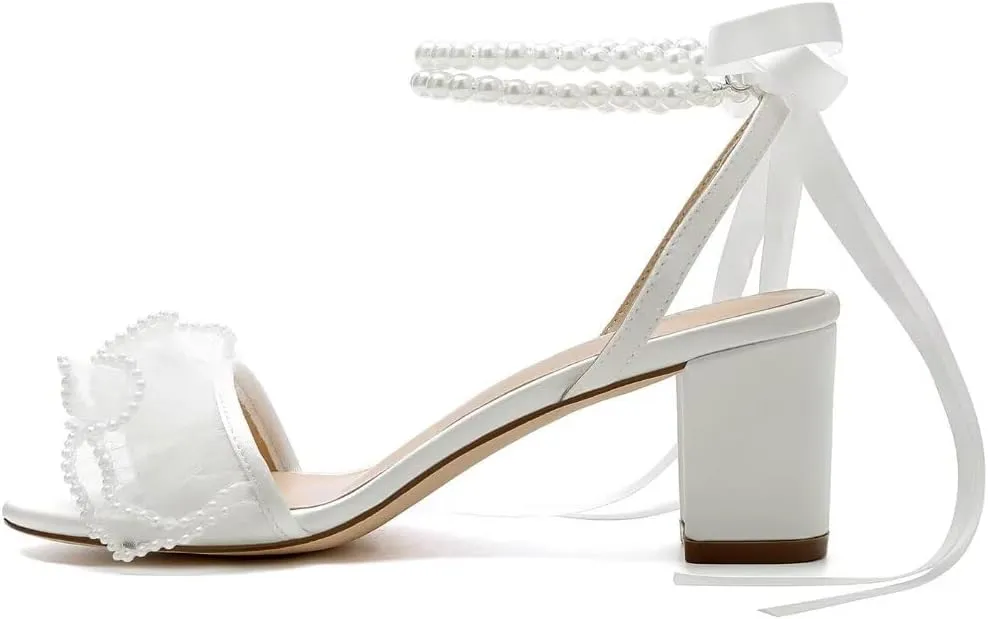Pearl Heels Wedding Shoes for Bride Block Heel Wedding Sandals Open Toe Bridal Shoes