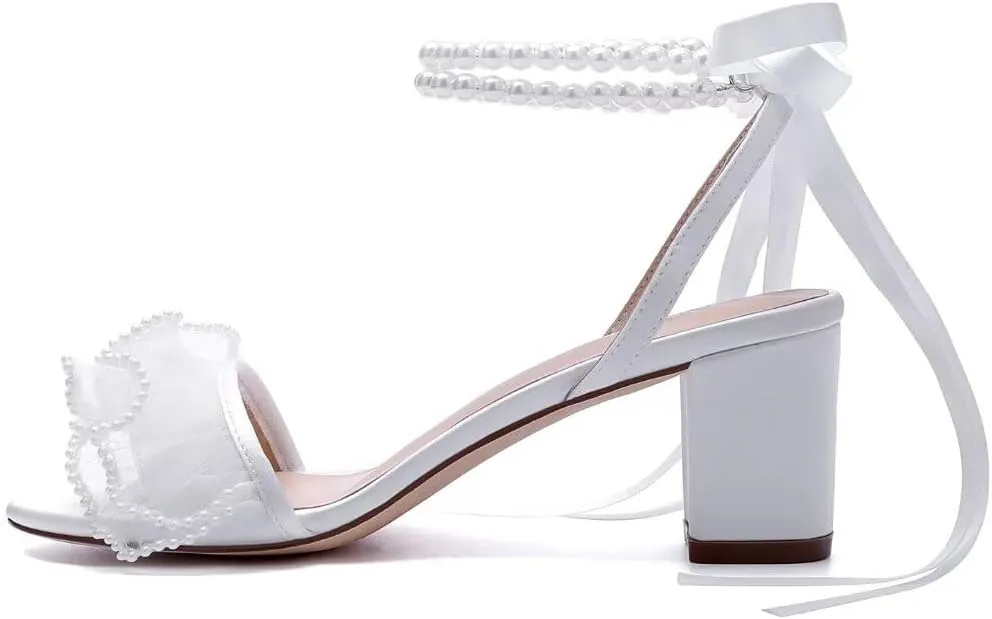 Pearl Heels Wedding Shoes for Bride Block Heel Wedding Sandals Open Toe Bridal Shoes