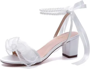 Pearl Heels Wedding Shoes for Bride Block Heel Wedding Sandals Open Toe Bridal Shoes
