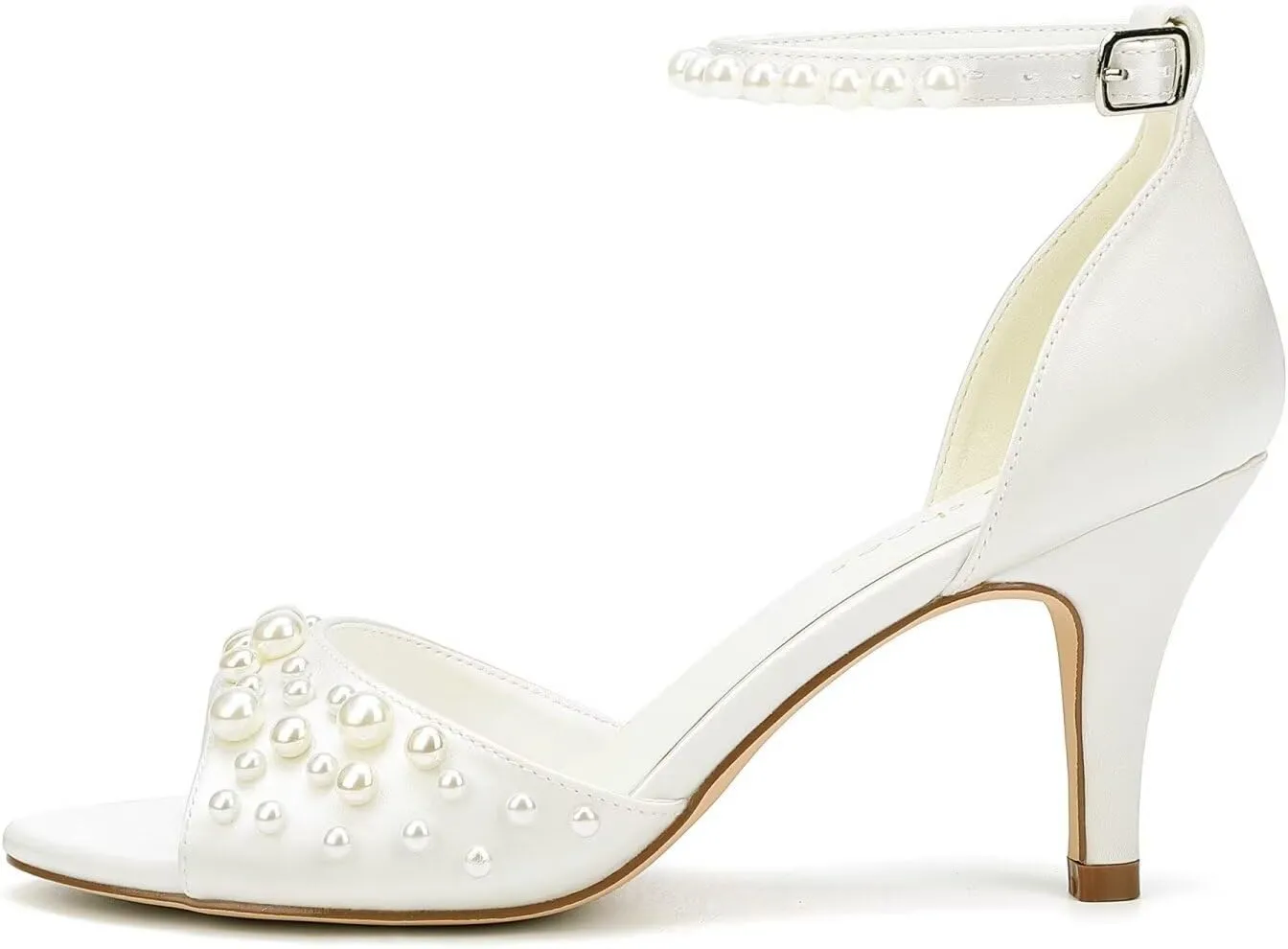 Pearl Heels Wedding Shoes for Bride Open Toe Bridal Shoes Ankle Strap Wedding Heels