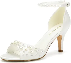 Pearl Heels Wedding Shoes for Bride Open Toe Bridal Shoes Ankle Strap Wedding Heels