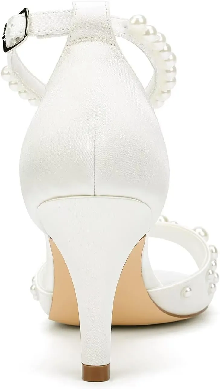 Pearl Heels Wedding Shoes for Bride Open Toe Bridal Shoes Ankle Strap Wedding Heels
