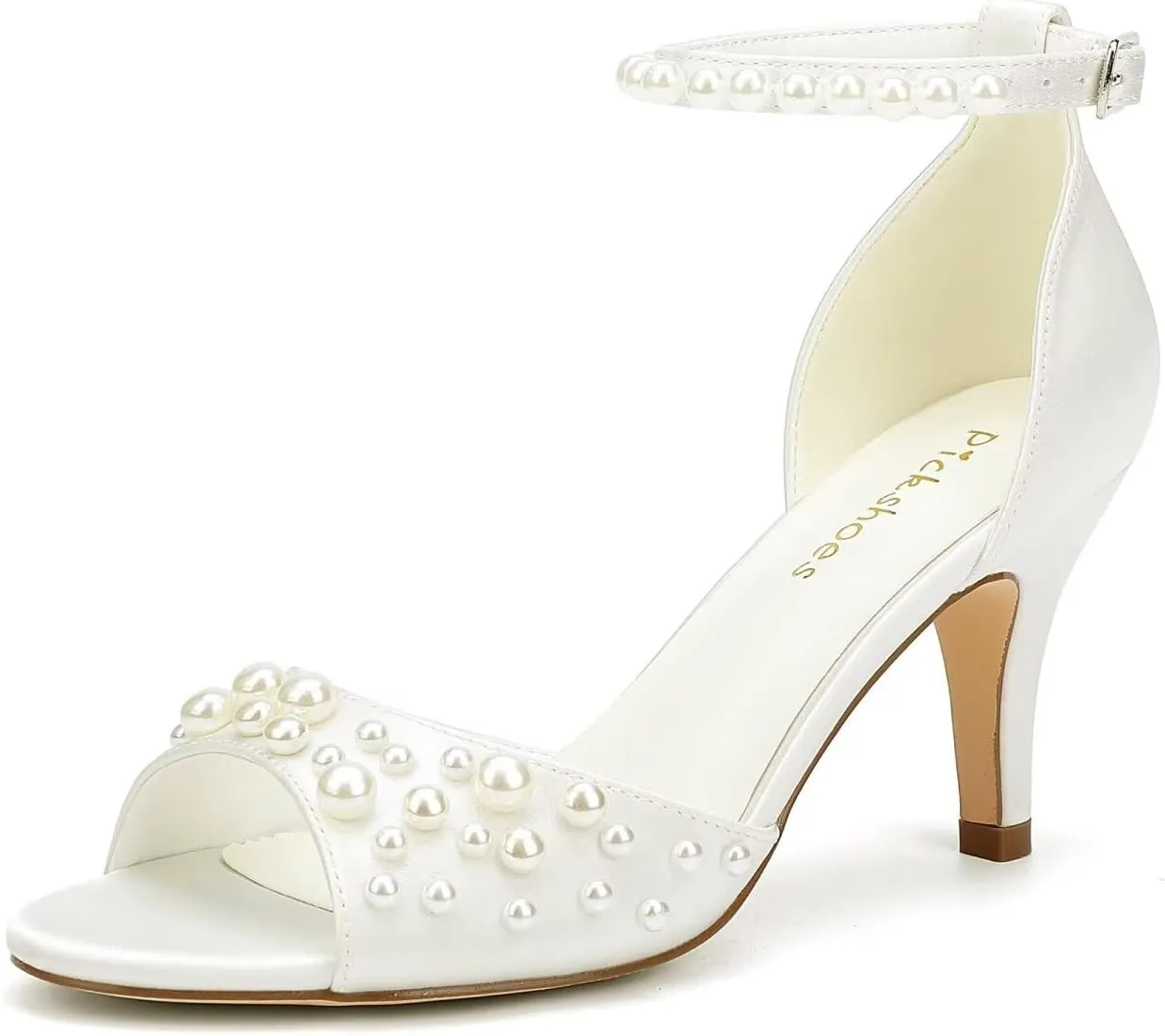 Pearl Heels Wedding Shoes for Bride Open Toe Bridal Shoes Ankle Strap Wedding Heels