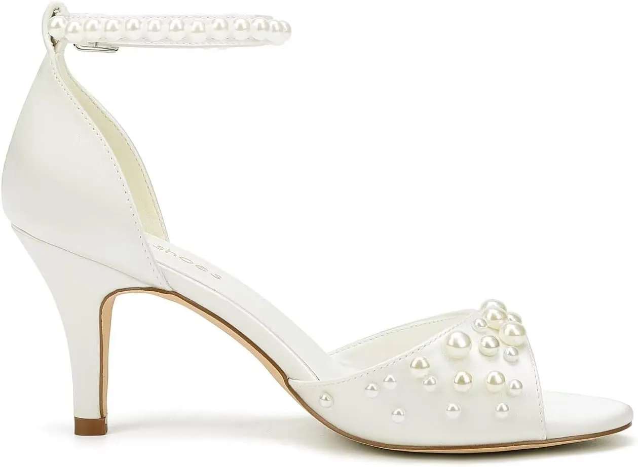 Pearl Heels Wedding Shoes for Bride Open Toe Bridal Shoes Ankle Strap Wedding Heels