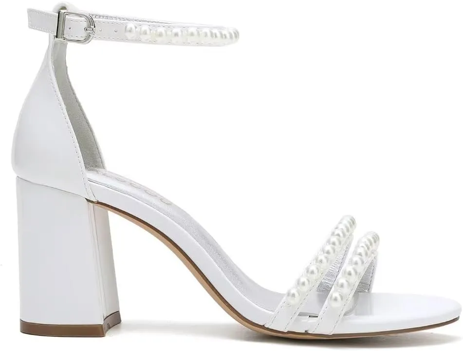 Pearl Heels Wedding Shoes for Bride Open Toe Wedding Sandals Block Heel Bridal Shoes