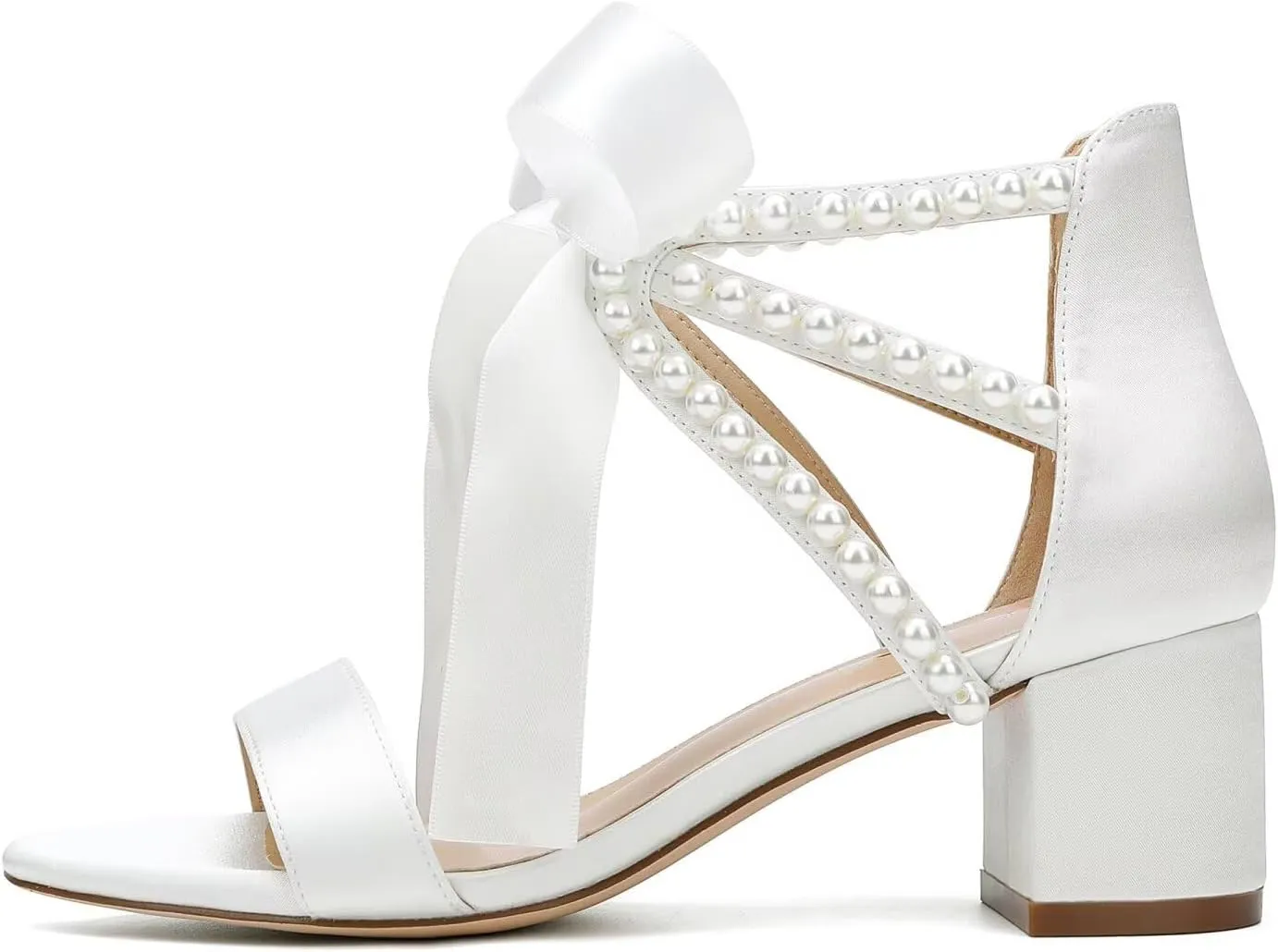 Pearl Wedding Shoes for Bride Low Block Heel Wedding Sandals Open Toe Bridal Shoes