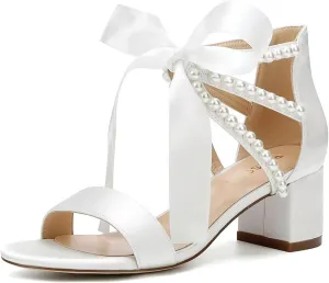 Pearl Wedding Shoes for Bride Low Block Heel Wedding Sandals Open Toe Bridal Shoes