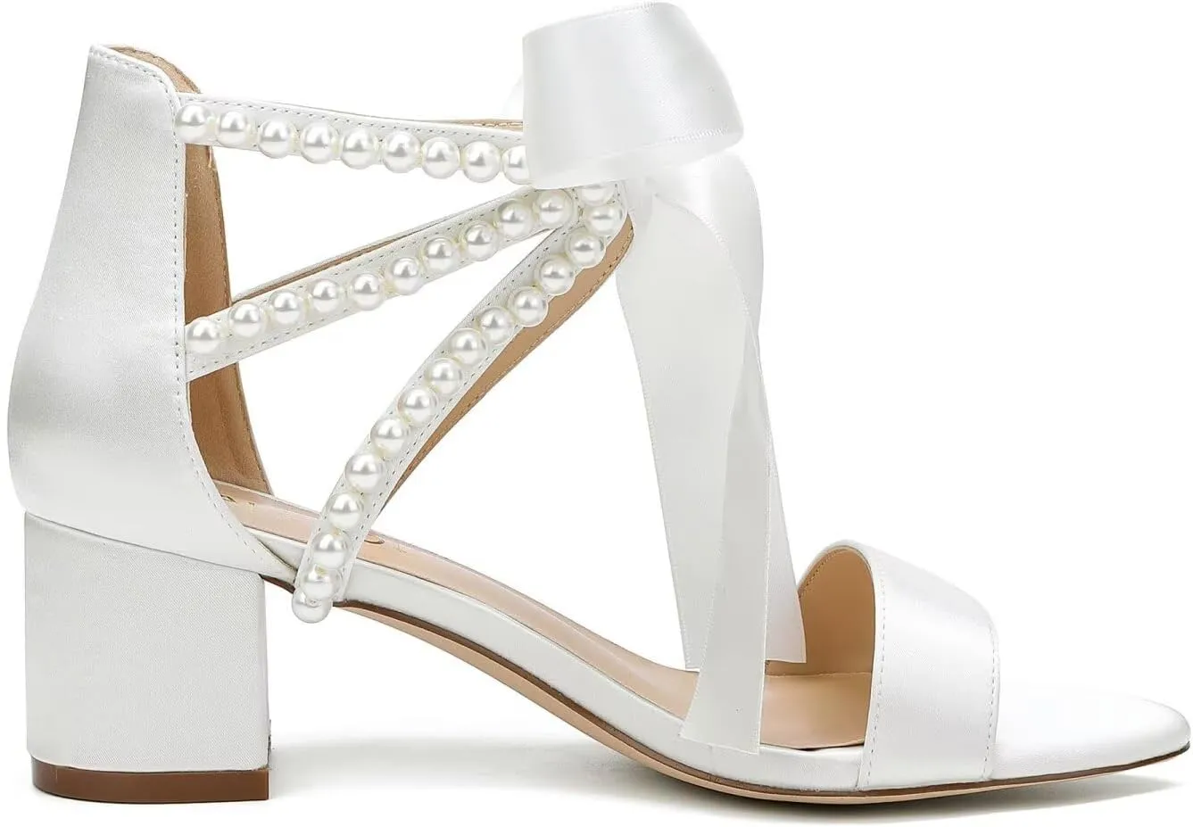 Pearl Wedding Shoes for Bride Low Block Heel Wedding Sandals Open Toe Bridal Shoes