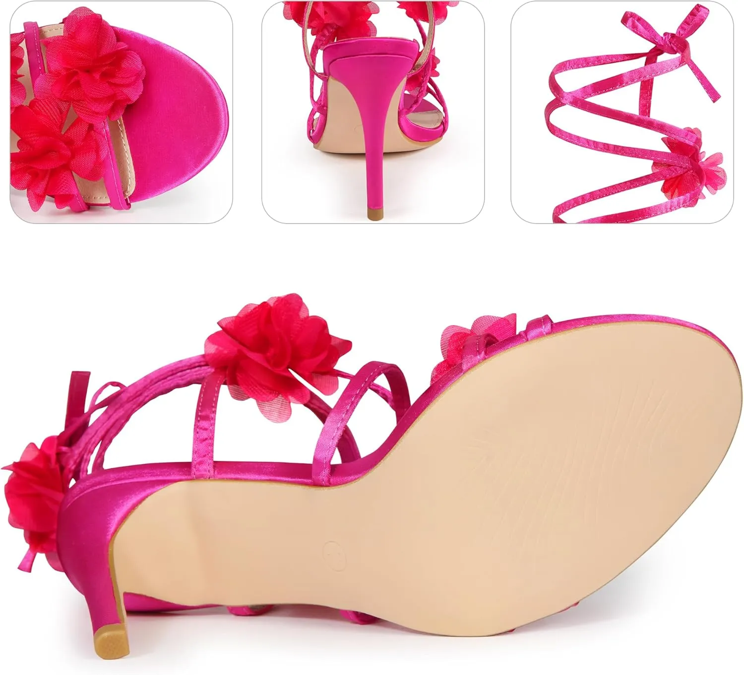 Perphy Satin Floral Lace Up Stiletto Heel Flower Sandals for Women