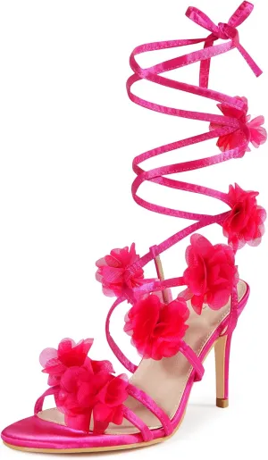 Perphy Satin Floral Lace Up Stiletto Heel Flower Sandals for Women