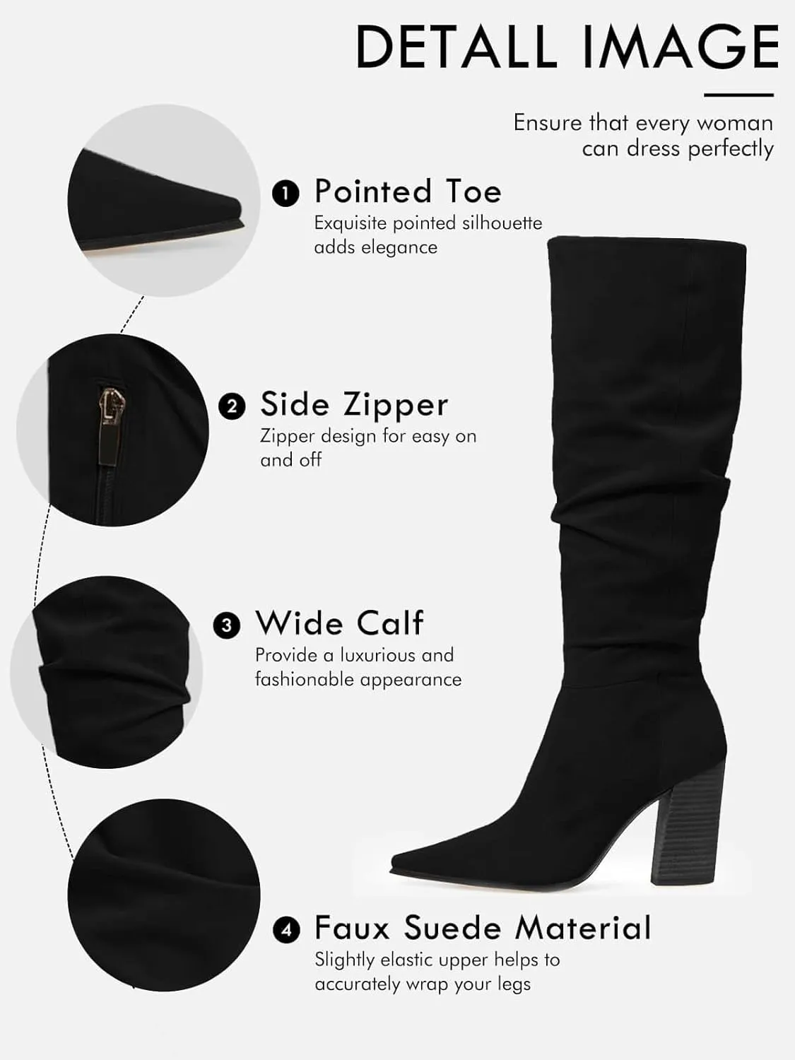 PiePieBuy Womens Faux Suede Knee High Boots Pointed Toe High Chunky Heel Side Zipper Party Dress Booties