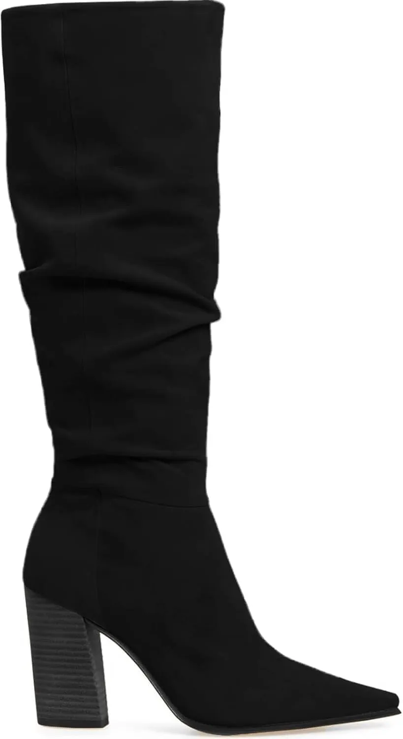 PiePieBuy Womens Faux Suede Knee High Boots Pointed Toe High Chunky Heel Side Zipper Party Dress Booties