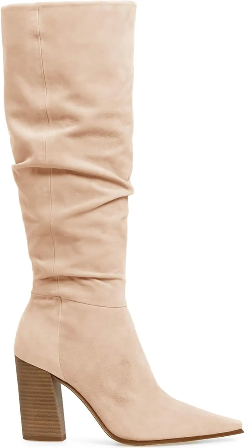 PiePieBuy Womens Faux Suede Knee High Boots Pointed Toe High Chunky Heel Side Zipper Party Dress Booties