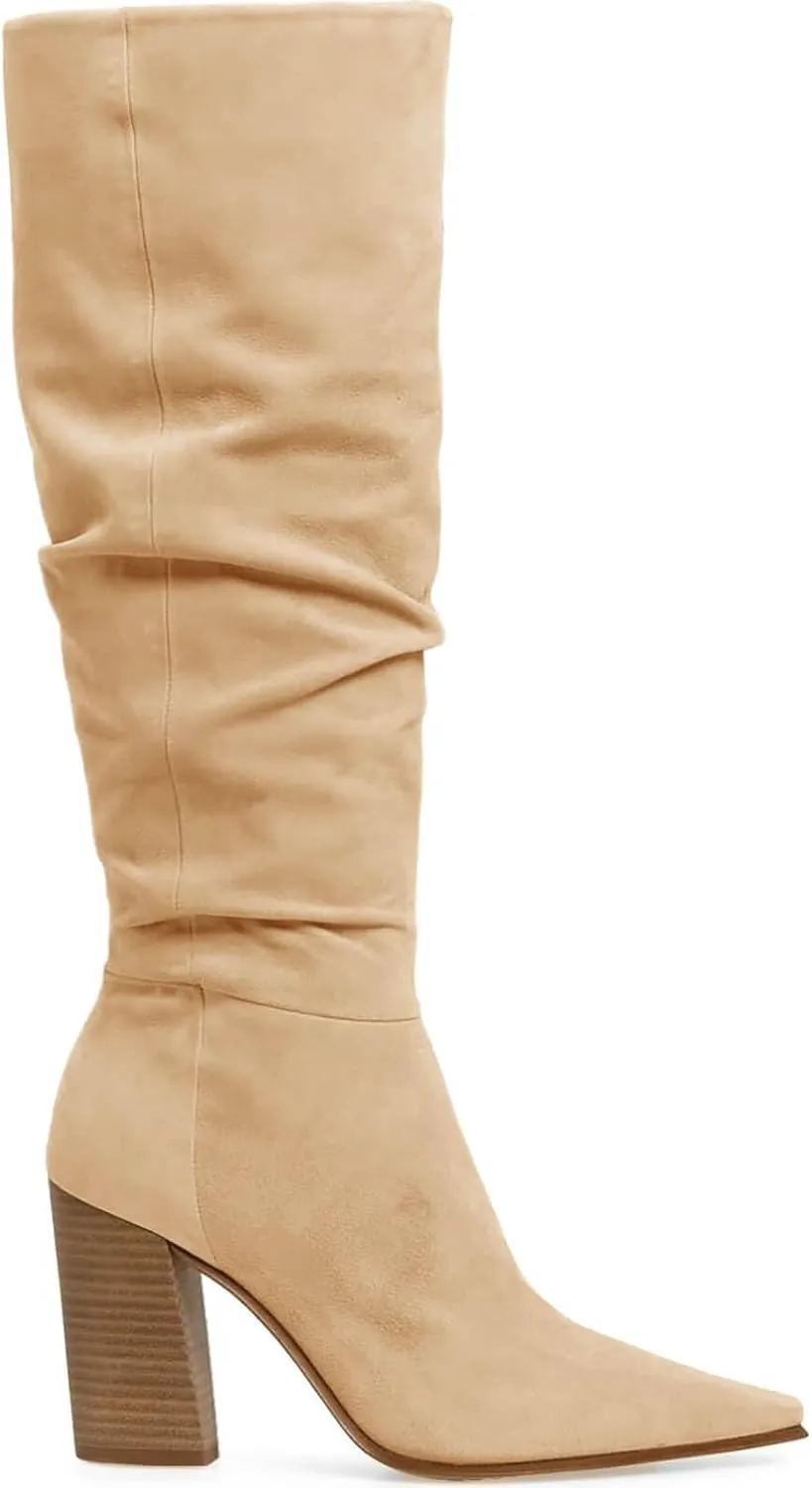 PiePieBuy Womens Faux Suede Knee High Boots Pointed Toe High Chunky Heel Side Zipper Party Dress Booties