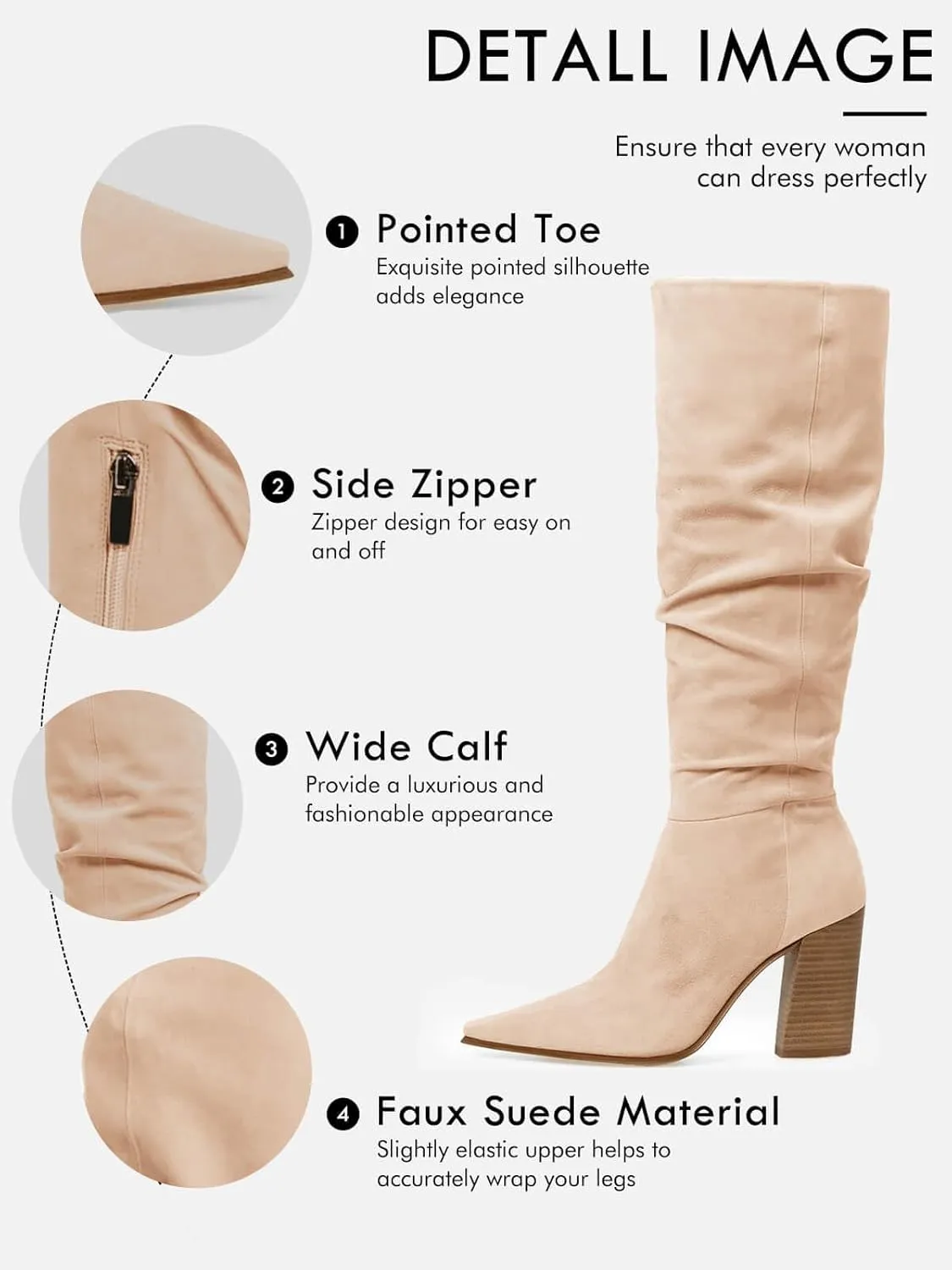 PiePieBuy Womens Faux Suede Knee High Boots Pointed Toe High Chunky Heel Side Zipper Party Dress Booties