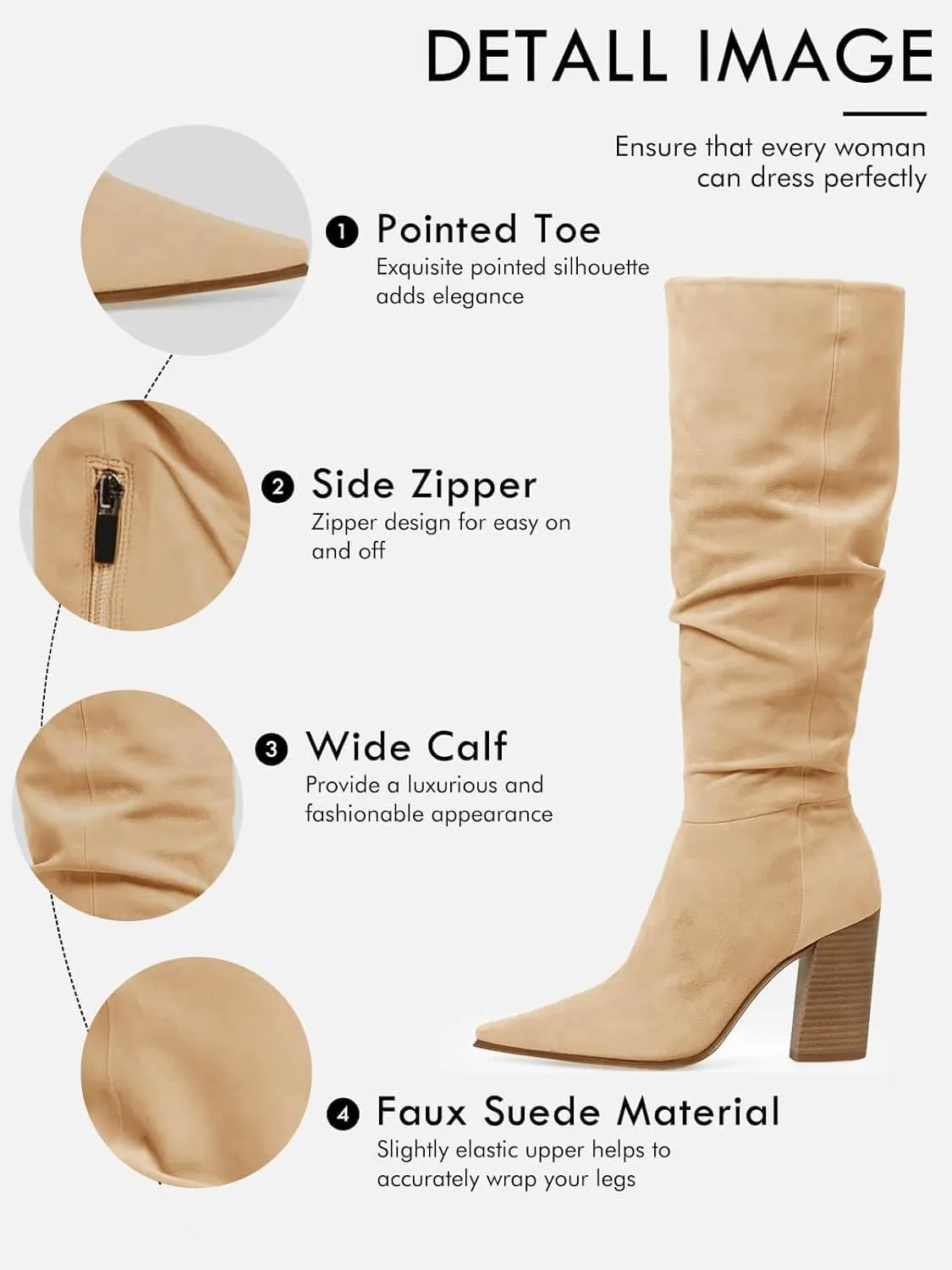 PiePieBuy Womens Faux Suede Knee High Boots Pointed Toe High Chunky Heel Side Zipper Party Dress Booties