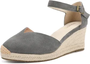 Platform Wedges Sandals for Women, 3" Wedge, Ankle-Strap, Cap Toe, Summer Espadrilles Heel Shoes