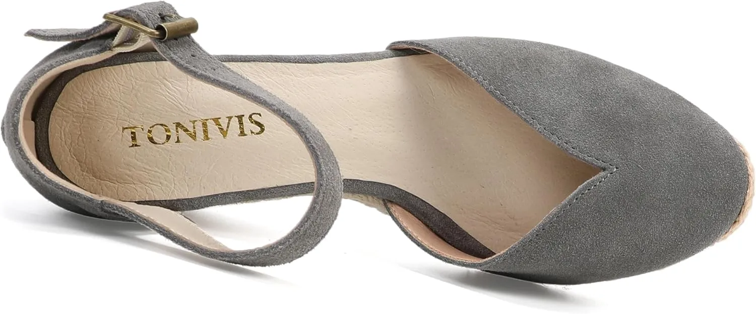 Platform Wedges Sandals for Women, 3" Wedge, Ankle-Strap, Cap Toe, Summer Espadrilles Heel Shoes