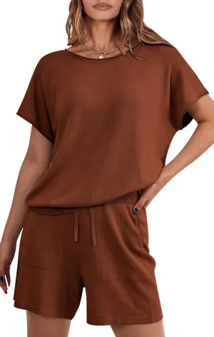 PRETTYGARDEN Two Piece Set For Women Summer Lounge Sets Shorts And Short Sleeve Tops Knitted Matching Travel Spring Outfits