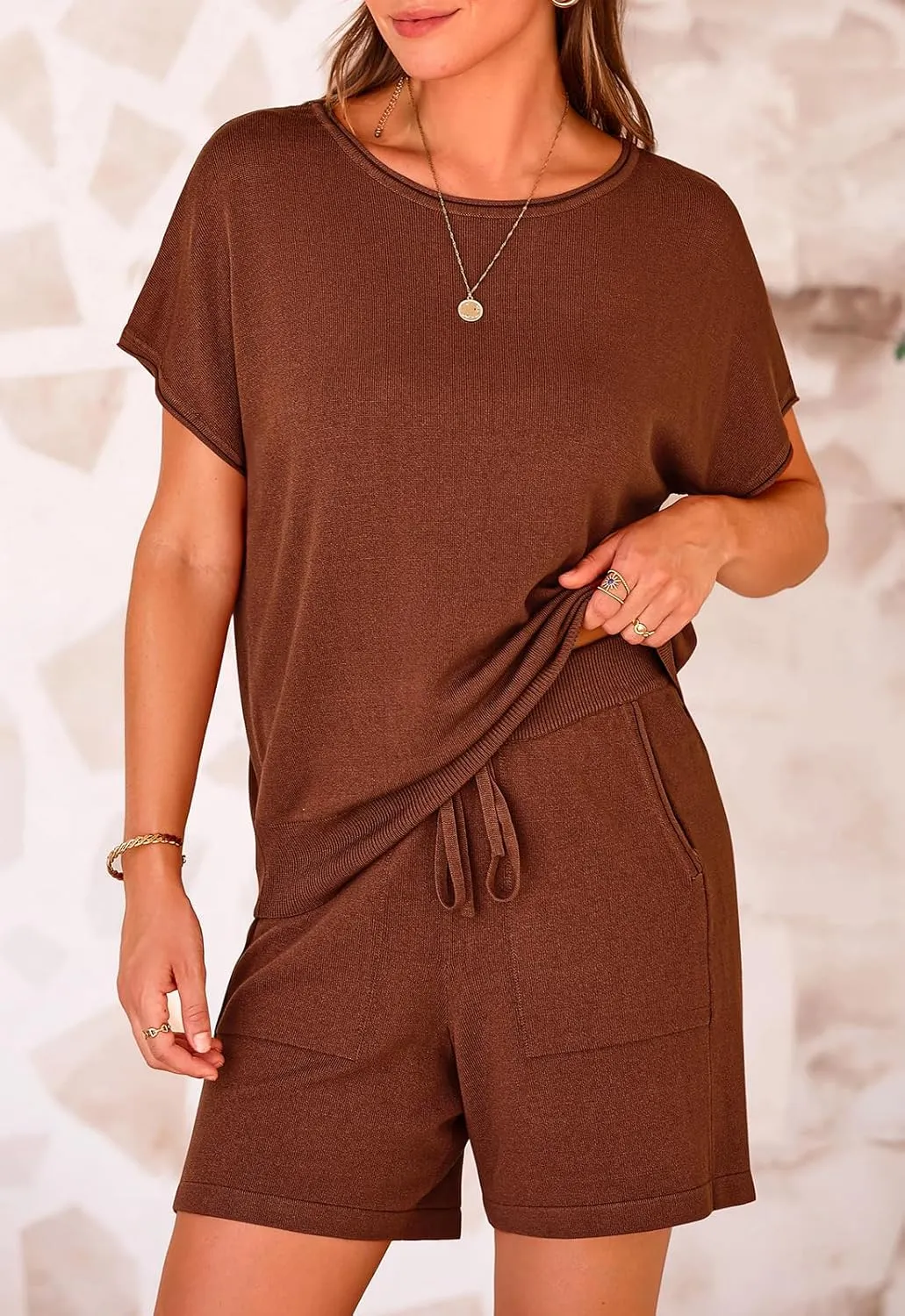 PRETTYGARDEN Two Piece Set For Women Summer Lounge Sets Shorts And Short Sleeve Tops Knitted Matching Travel Spring Outfits