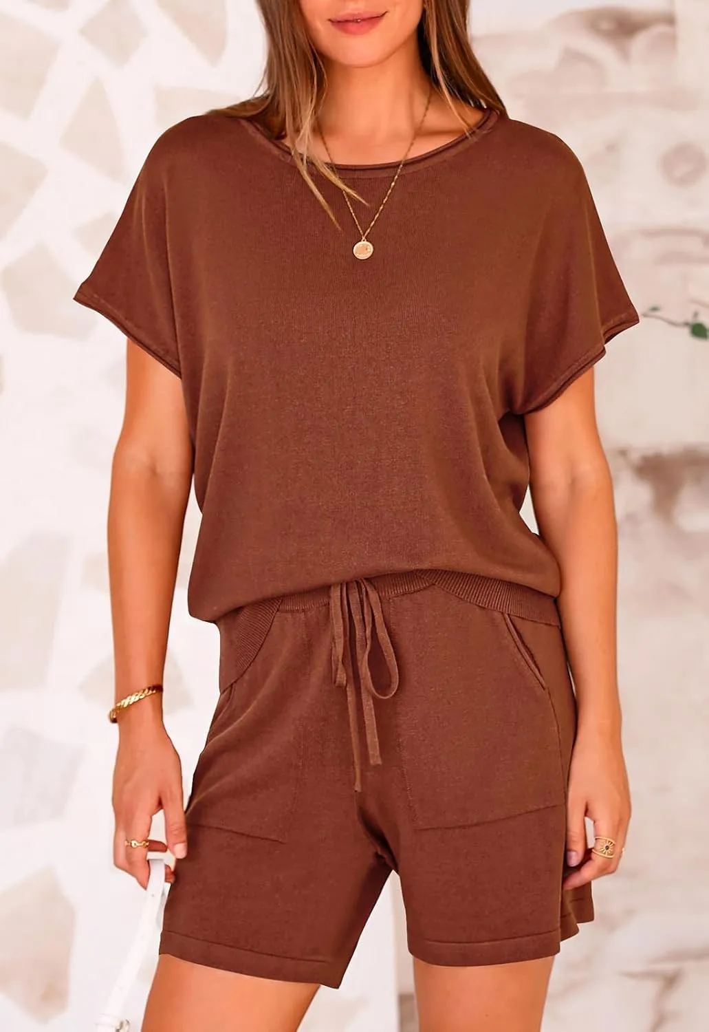 PRETTYGARDEN Two Piece Set For Women Summer Lounge Sets Shorts And Short Sleeve Tops Knitted Matching Travel Spring Outfits