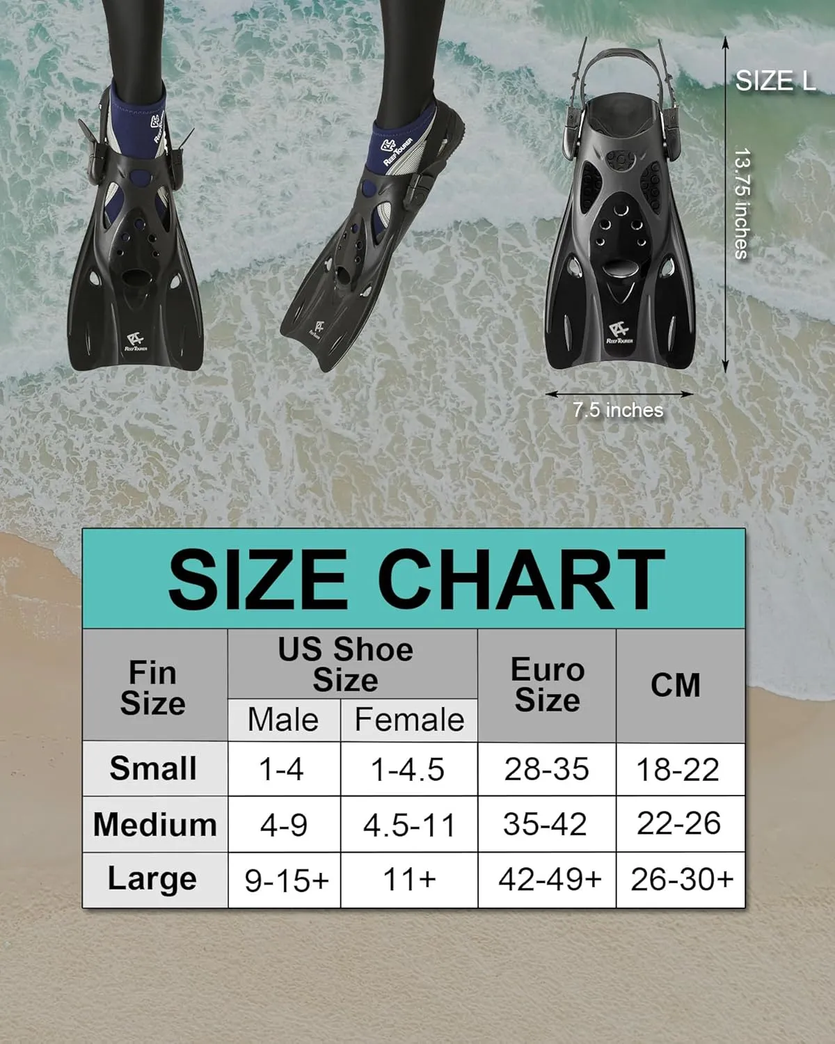 RF0106P Snorkel Fins for Kids and Adults, Adjustable Open Heel, Compact Short Blade Swimming Snorkeling Flippers, Travel Size