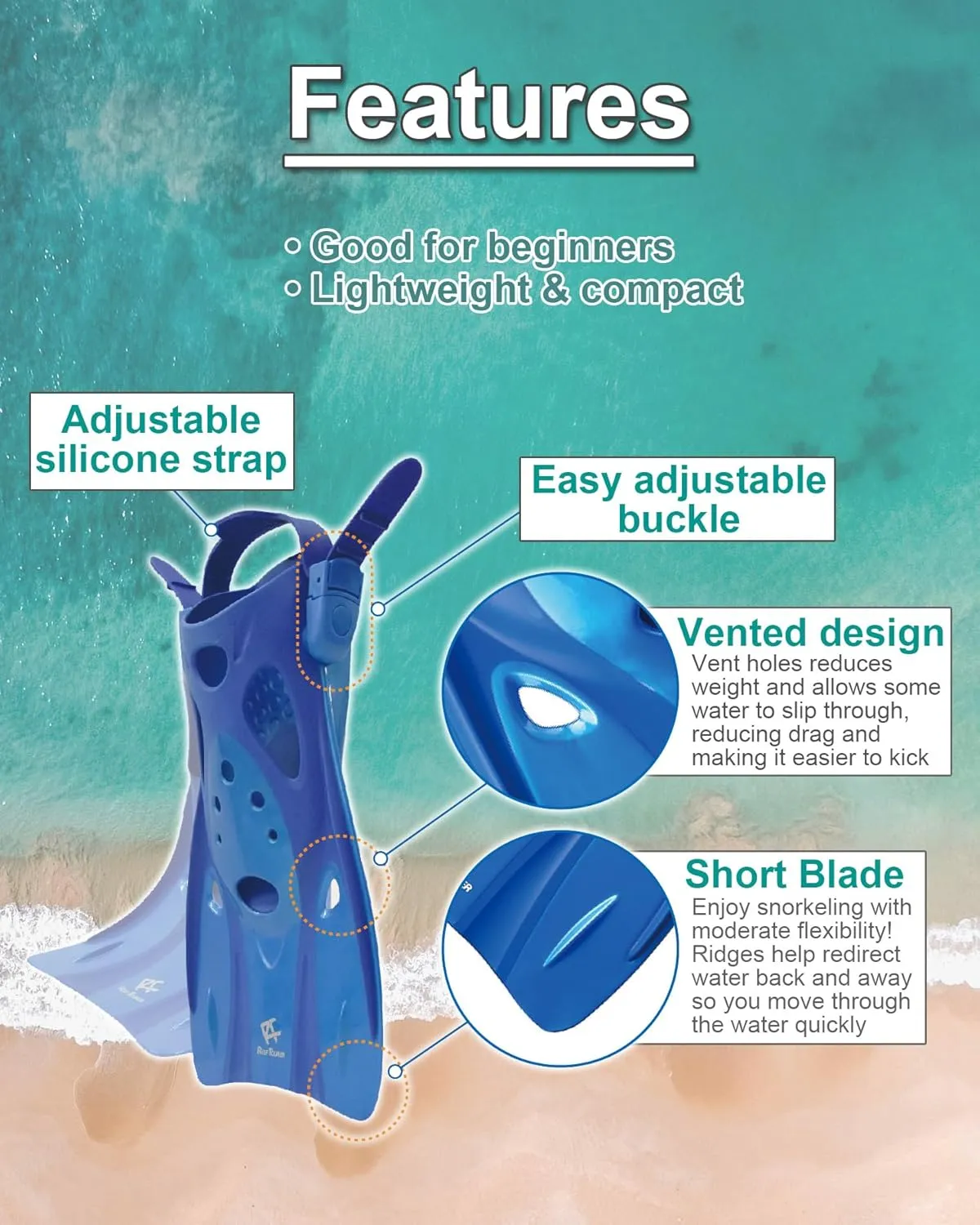 RF0106P Snorkel Fins for Kids and Adults, Adjustable Open Heel, Compact Short Blade Swimming Snorkeling Flippers, Travel Size