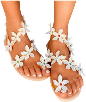 Sandals for Women Thong,Women's Bohemia Bling Rhinestone Pearl Flat Sandals Flat Gladiator Sandals Open Toe Dress Shoes